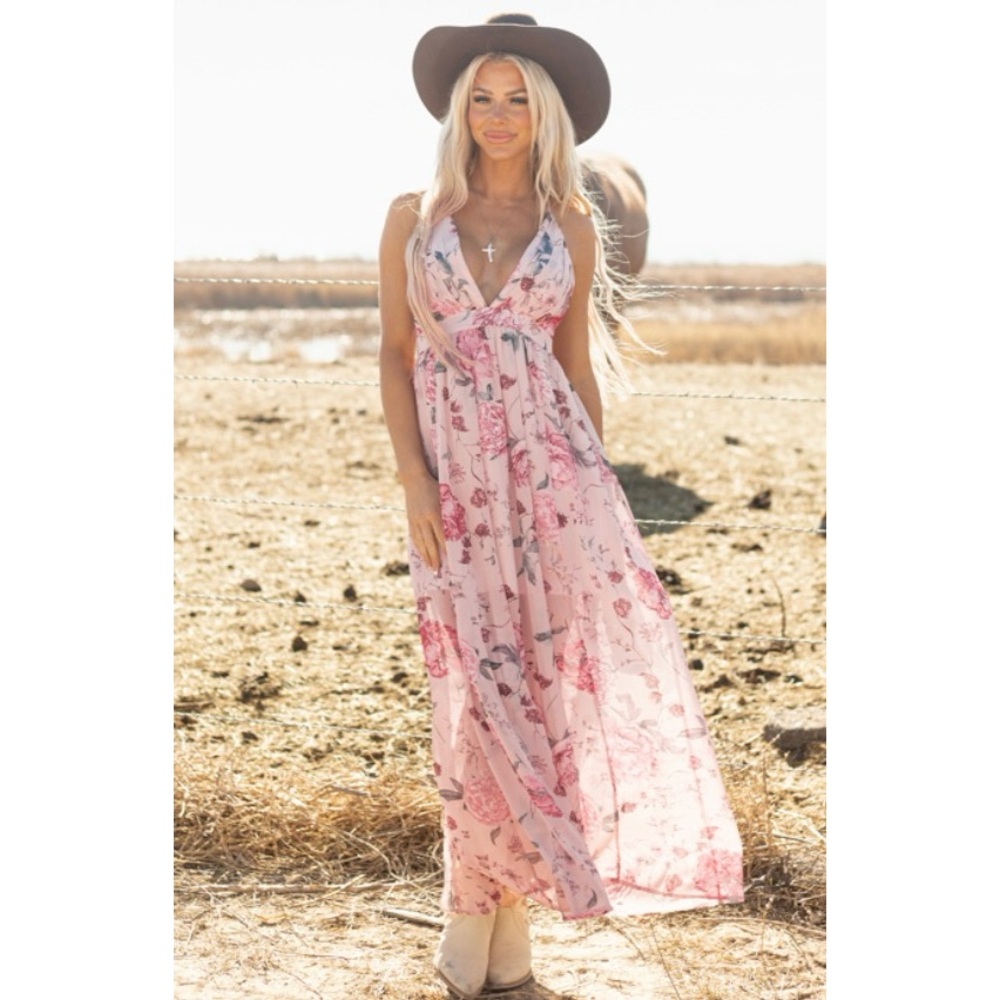 Floral Pink Open Back Maxi Dress